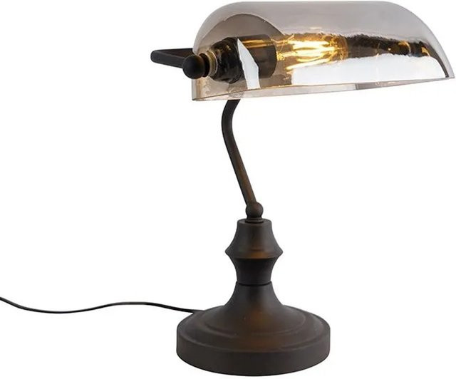 QAZQA Klassische Bankerlampe in Schwarz mit dimmbarer E27-Fassung und gerauchtem Glas für Schreibtisch und Büro - Bild 1