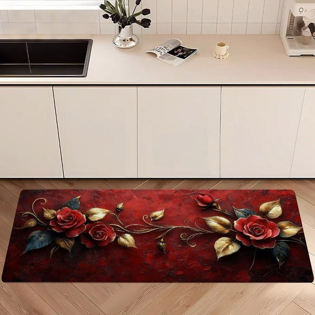 VIKAMA Premium Teppich mit floralem Design in Dunkelrot für Wohnzimmer, Küche, Badezimmer oder Schlafzimmer - Bild 1