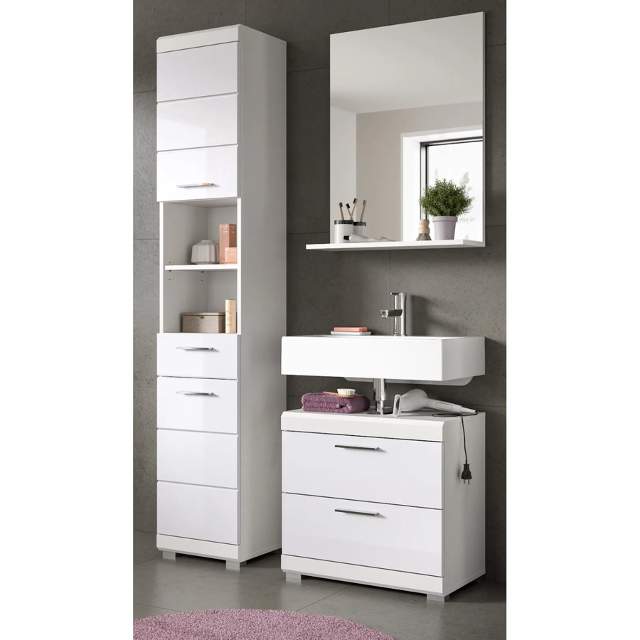 Inn.Furn Badmöbel Set Shawn 3-teilig in Weiß Hochglanz mit Waschtischunterschrank, Spiegelschrank und Hochschrank, Breite: 112 cm - Bild 2