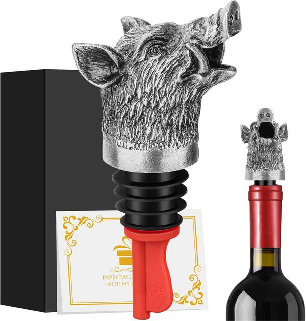 LKKCHER 2-in-1 Weinausgießer und Flaschenverschluss Wildschwein Kopf aus Metall in Bronze, Grau und Schwarz - Bild 1