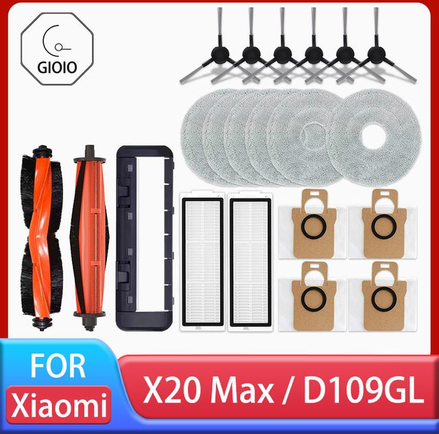 GIOIO Ersatzteil-Set für Xiaomi Robot Vacuum X20 Max/D109GL mit Hauptbürste, Seitenbürste, HEPA-Filter, Mopptuch und Staubbeutel in Multicolor - Bild 1