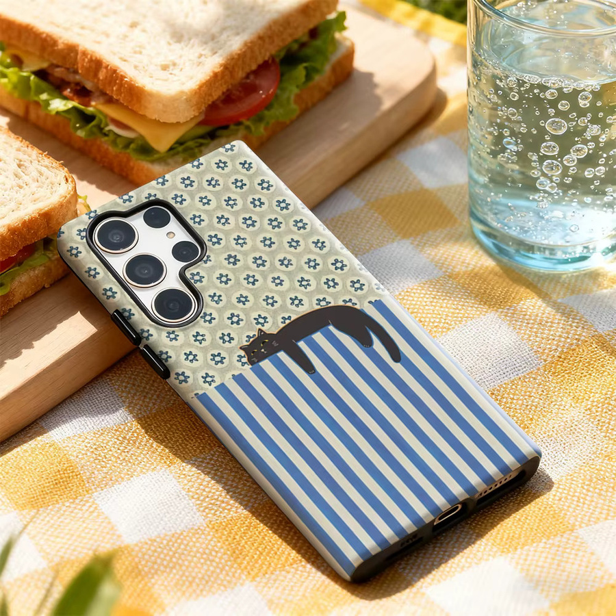 Glänzende Handyhülle mit blau-weiß gestreifter Katze für Samsung Galaxy S25 Ultra, S24 und S23 Ultra Plus mit doppellagiger Rückseite - Bild 3