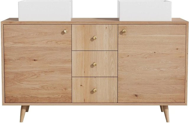 Doppelwaschtisch Zareno aus Massivholz Eiche mit Keramik-Aufsatz in Naturfarben Hell, B/T/H: 145 x 50,5 x 80 cm - Bild 1