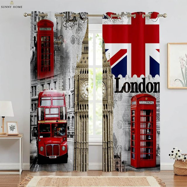 Yiran Furniture Dekovorhang Retro Gebäude und Roter Bus mit Ösen, 2er-Set, Schwarz Weiß Rot, Breite: 50 cm, Höhe: 140 cm - Bild 1