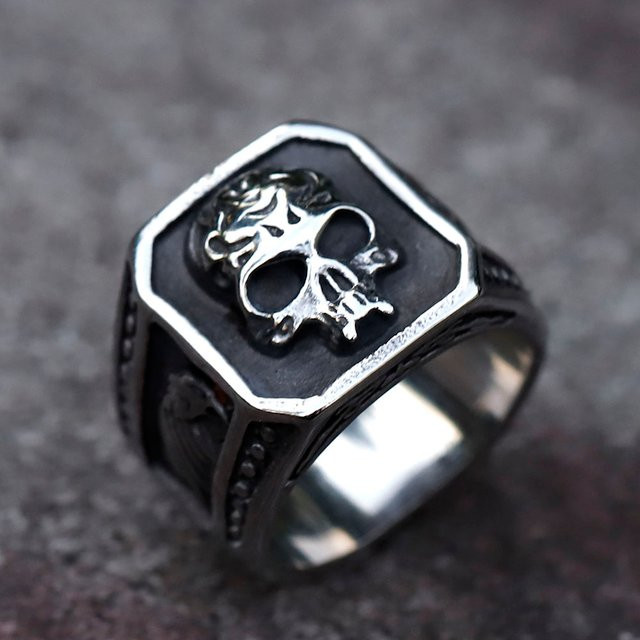 Ring Edelstahl, Silber, Retro-Schädel, Herren - Bild 1