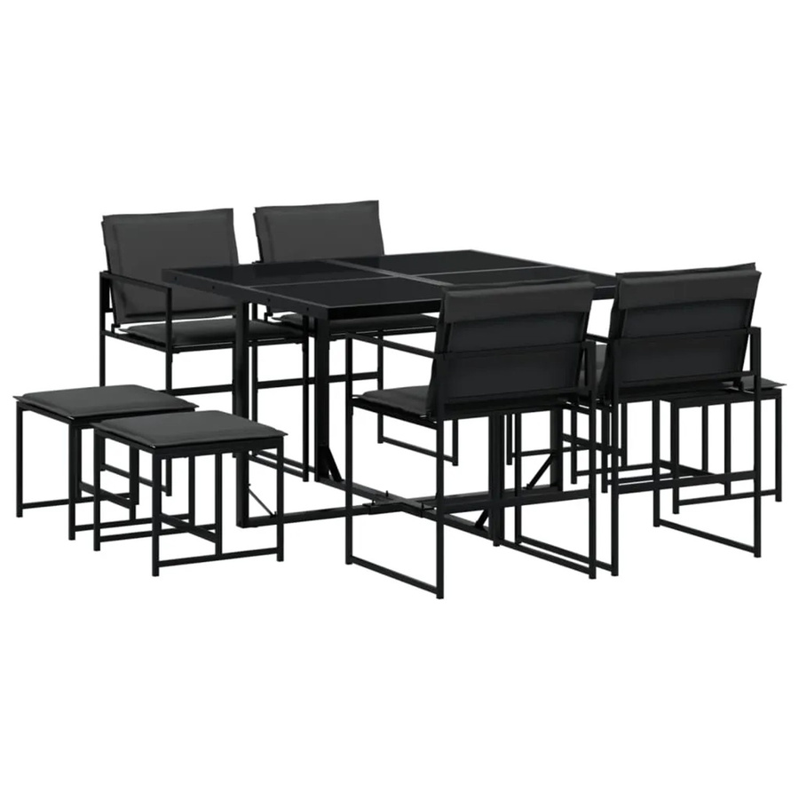 vidaXL 9-teilige Garten-Essgruppe aus Textilene und pulverbeschichtetem Stahl mit Glasplatte und Kissen in Schwarz und Dunkelgrau - Bild 2