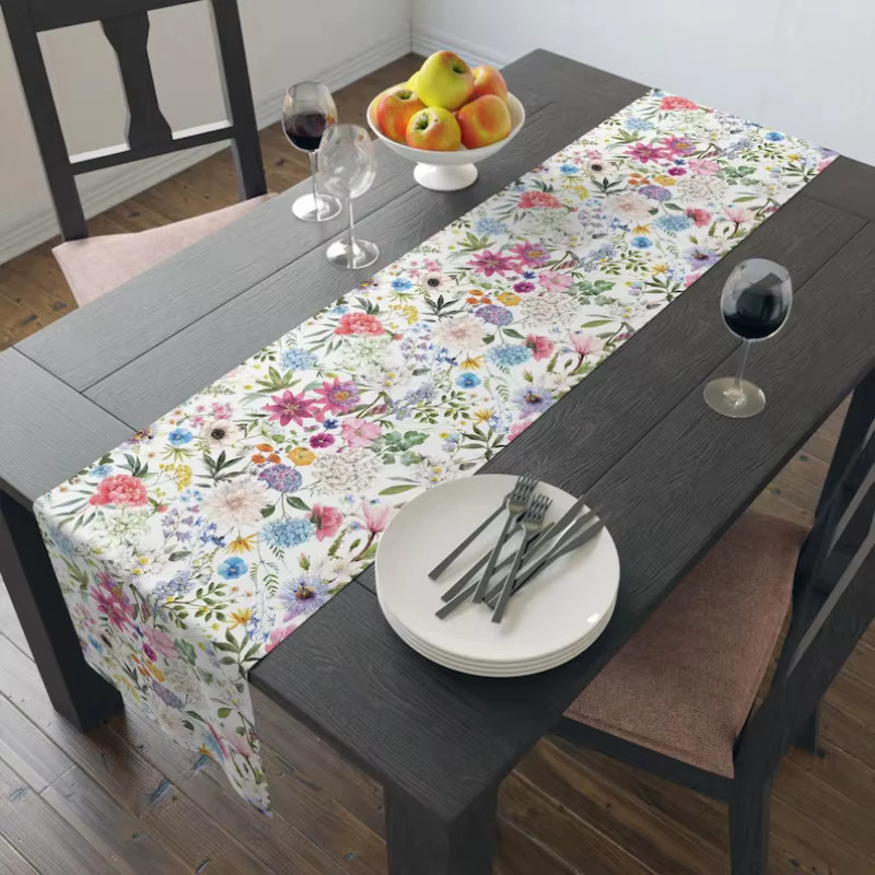 VIKAMA Tischläufer mit Aquarell-Frühlingsblumen in Mehrfarbig, rechteckig aus Leinen - Bild 2