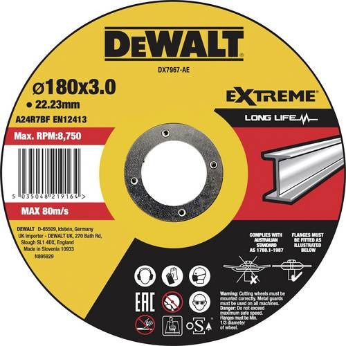 DeWalt Extreme Trennscheibe Typ 42 für Metall und Edelstahl, Durchmesser: 180 mm, Breite: 3 mm, Bohrung: 22,23 mm, Farbe: Gelb - Bild 1