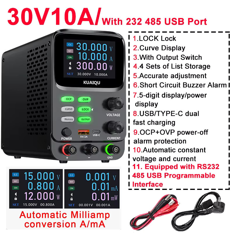 KUAIQU Programmierbare DC-Bench-Stromversorgung mit 4 Speichern, 5-Bit-Hochpräzisionsanzeige, μA-Strommessung, Low Ripple und OCP/OVP-Schutz, Schwarz, 30V - Bild 8