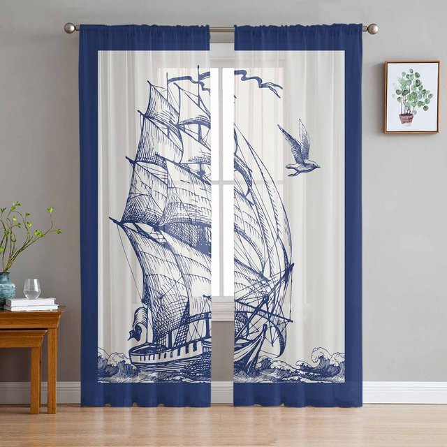 Yiran Furniture Transparenter Chiffon-Vorhang mit Segelschiff-Motiv in Blau, Breite: 135 cm, Höhe: 185 cm - Bild 1
