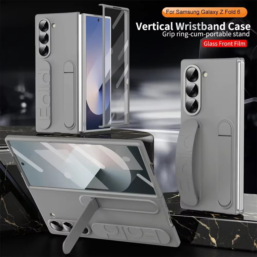 Premium Silikon-Schutzhülle mit Handgelenksschlaufe und integriertem faltbarem Ständer für Samsung Galaxy Z Fold 7, 6, 5, 4, 3 in Blau und Grau - Bild 3