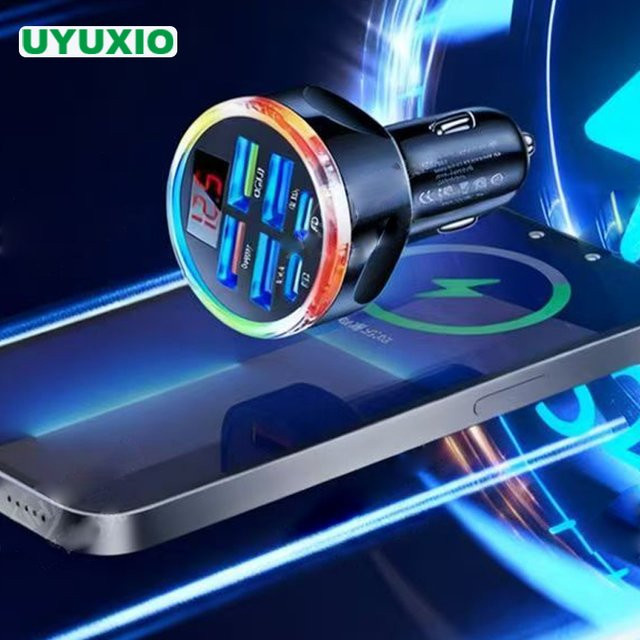 UYUXIO 6-in-1 USB-C Autoladegerät Adapter mit Voltmeter und Spannungsanzeige in Schwarz für iPhone und Samsung - Bild 1