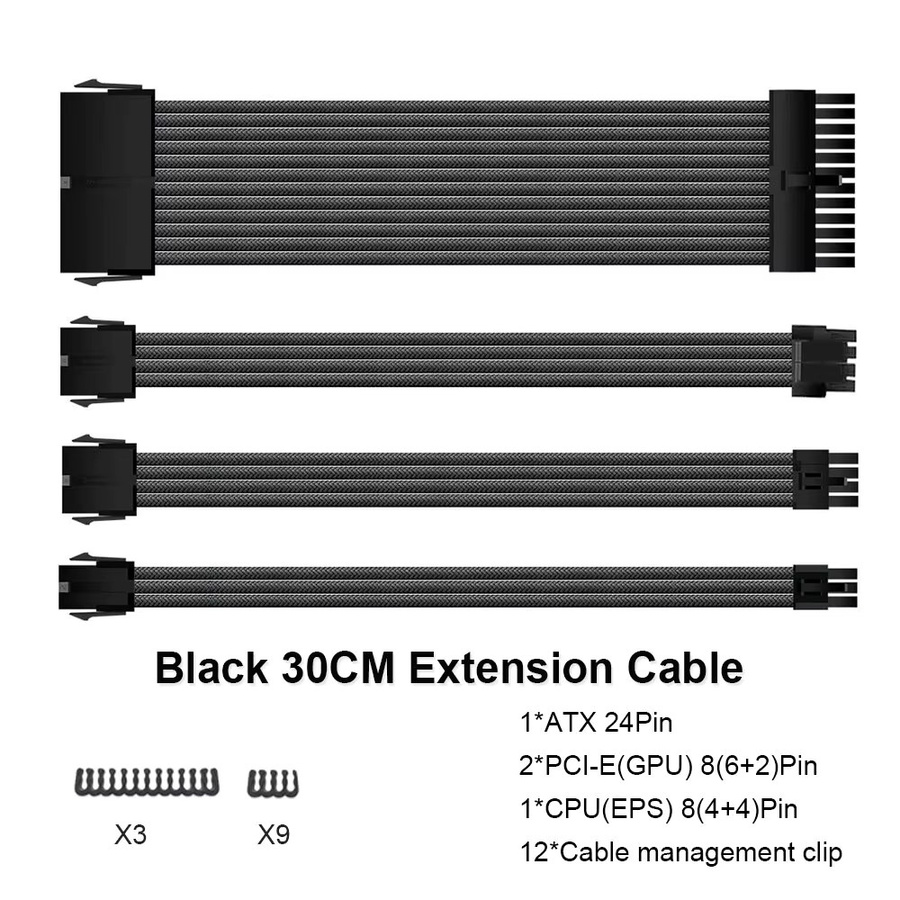 SENLIFANG Netzteil Verlängerungskabel Set in Schwarz, 4er Kit mit ATX 24pin, PCI-E 6+2pin, 8pin und EPS 4+4pin, 300mm Länge, 18AWG - Bild 3