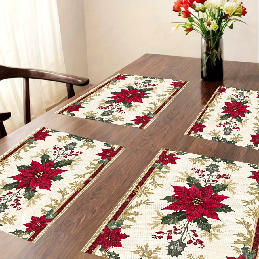 VIKAMA 4-teiliges Weihnachts-Tischset mit Weihnachtsstern aus Leinen in Rot und Gold - Bild 2