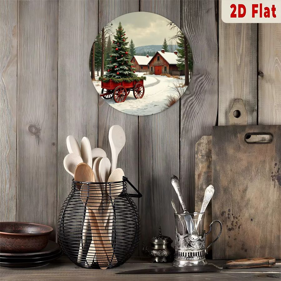 Potdemiel Vintage Metallwandkunst Aluminiumschild Rund Weihnachtsbaum im roten Wagen mit verschneiter Winterszene - Bild 4