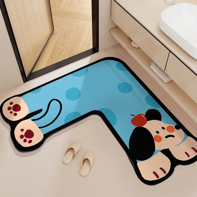 VIKAMA L-förmige Badezimmermatte mit blauem Hundedesign, wasserabsorbierendes Kieselgur-Material und rutschfeste Sturzprävention für dein Badezimmer - Bild 1