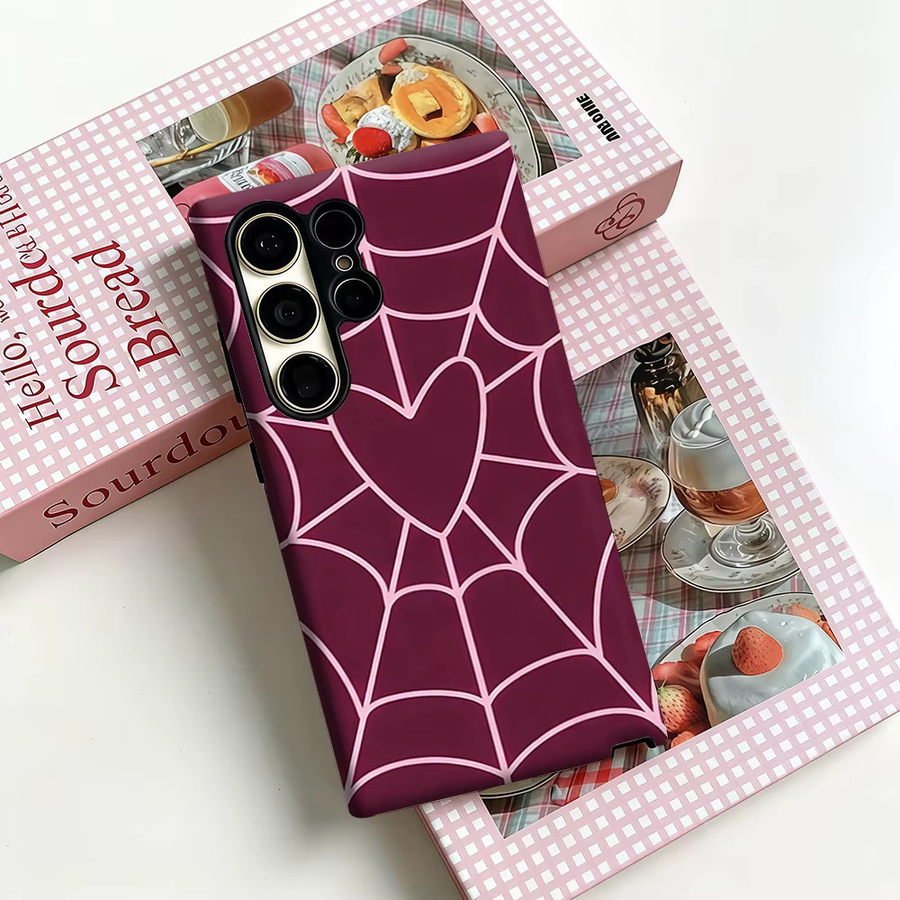 Stoßfeste Doppelschicht Handyhülle mit Spinnennetz-Herz-Design für Samsung Galaxy S26 S25 S24 S23 Ultra Plus in Burgunderrot und Violett - Bild 3