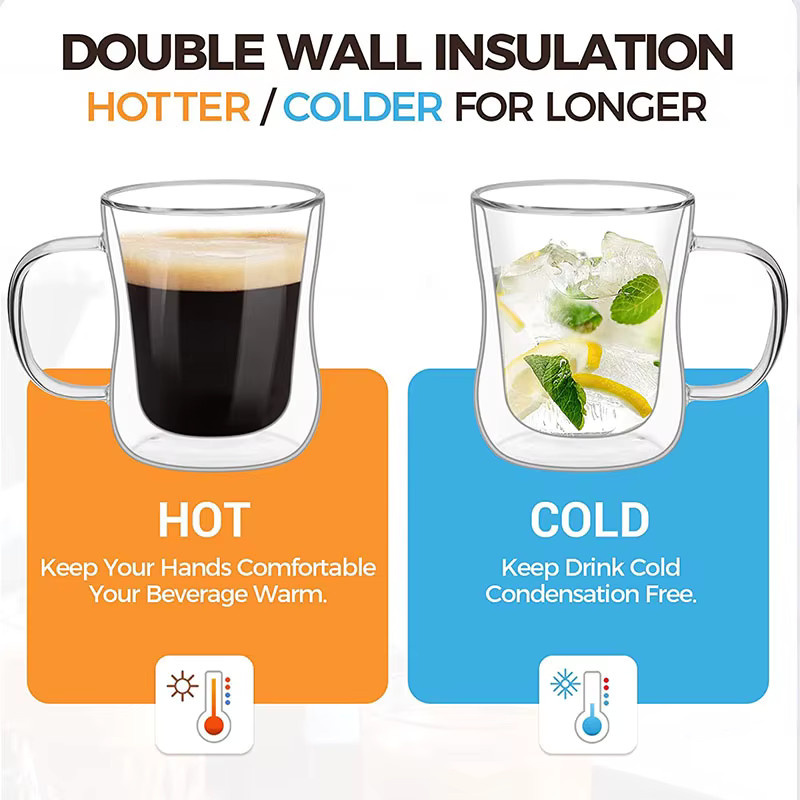YWDL Doppelwandige Glas-Espressotassen Set, transparente Kaffeetassen mit Henkel für heiße und kalte Getränke - Bild 3