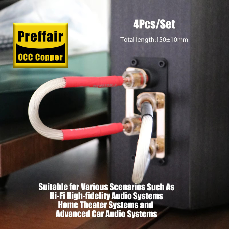 Preffair 4er-Set Hifi-Lautsprecherkabel aus versilbertem OCC-Kupfer mit Bananen- und Spatensteckern in Silber - Bild 3