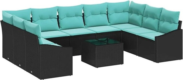 vidaXL Polyrattan Gartenmöbel Set in U-Form, 10-teiliges Lounge-Set mit Kissen und Couchtisch, Schwarz und Türkis - Bild 1