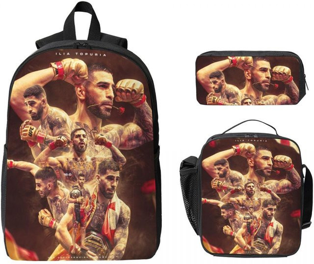 Fancy Style Studio Rucksack Set mit Federmäppchen und Brotdose für Jungen und Mädchen, 3-teiliges Ilia Topuria Ringer Motiv Set, Mehrfarbig - Bild 1