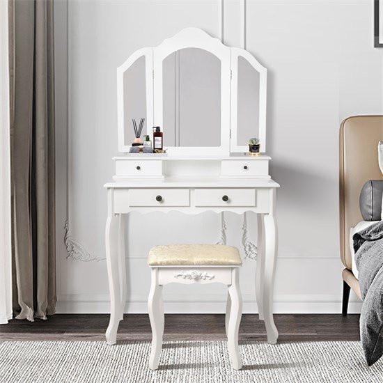 Schminktisch mit Spiegel und Hocker von ML-Design in Weiß, 3-teiliges Set mit 4 Schubladen, B/T/H: 140 x 75 x 40 cm - Bild 1