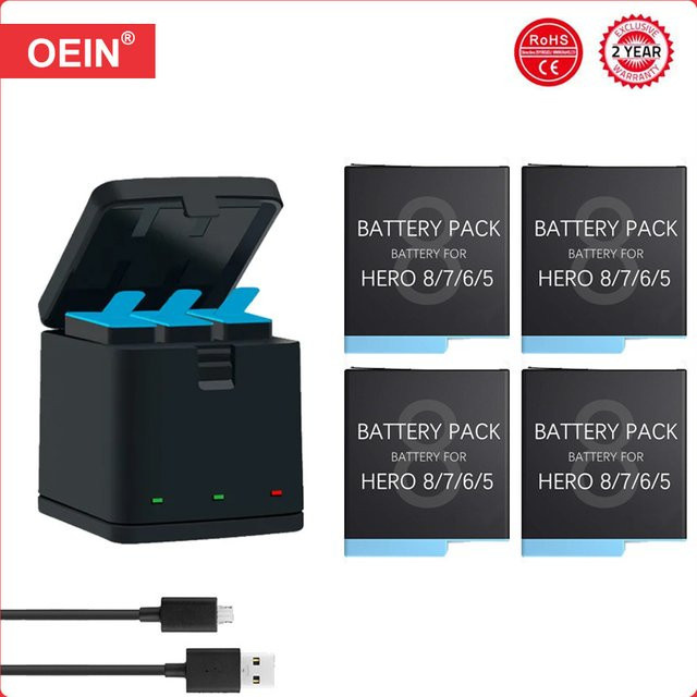 GoPro Ersatzakku 1220 mAh und Dreifach-Ladegerät für Hero 7, Hero 6 und Hero 5 in Schwarz - Bild 1