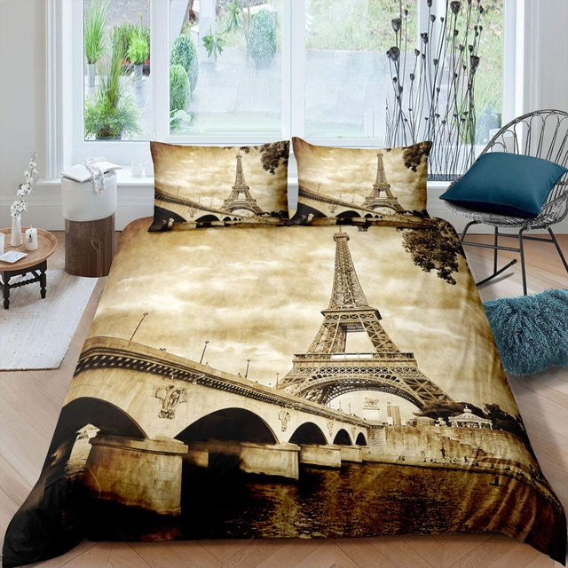 Bettwäsche-Set Your Warm Home Eiffelturm Design in Grau mit Bettbezug und Kissenbezügen aus Polyester, Queen-Size, Breite: 133 cm, Höhe: 70 cm - Bild 1