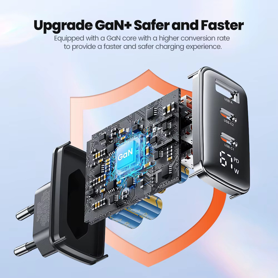 Toocki GaN USB-C Ladegerät 67W mit Digitalanzeige, PD & QC Schnellladung, Schwarz - Bild 4