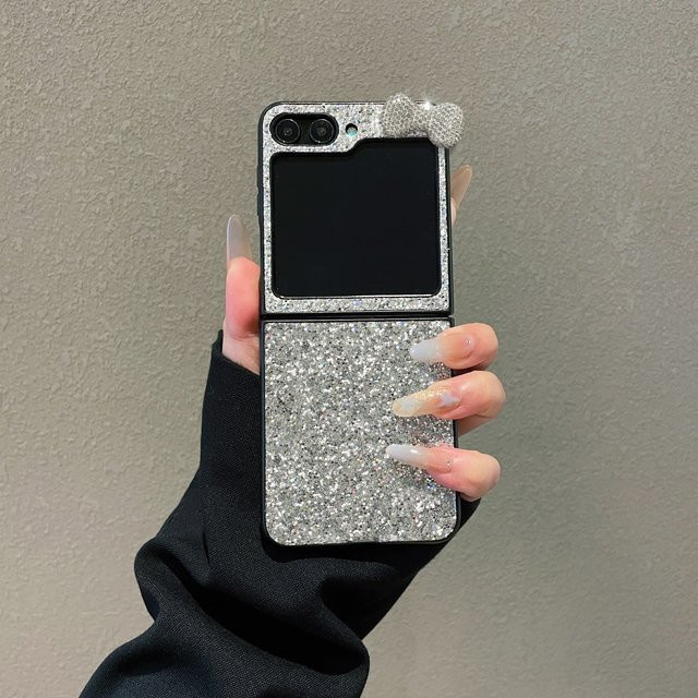Schwarze Sternenhimmel Leder-Handyhülle mit Glitzer und 3D-Schleifenknoten für Samsung Galaxy Z Flip 8 7 6 5 4 3 und Flip7FE, stoßfeste Flash-Hülle - Bild 1