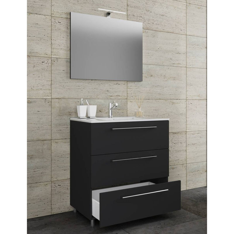 VCM Badmöbel Set Badinos 3-tlg. Waschplatz mit Waschbecken, Unterschrank und Spiegel in Schwarz Matt, Breite: 80 cm, Höhe: 86 cm, Tiefe: 46 cm - Bild 3