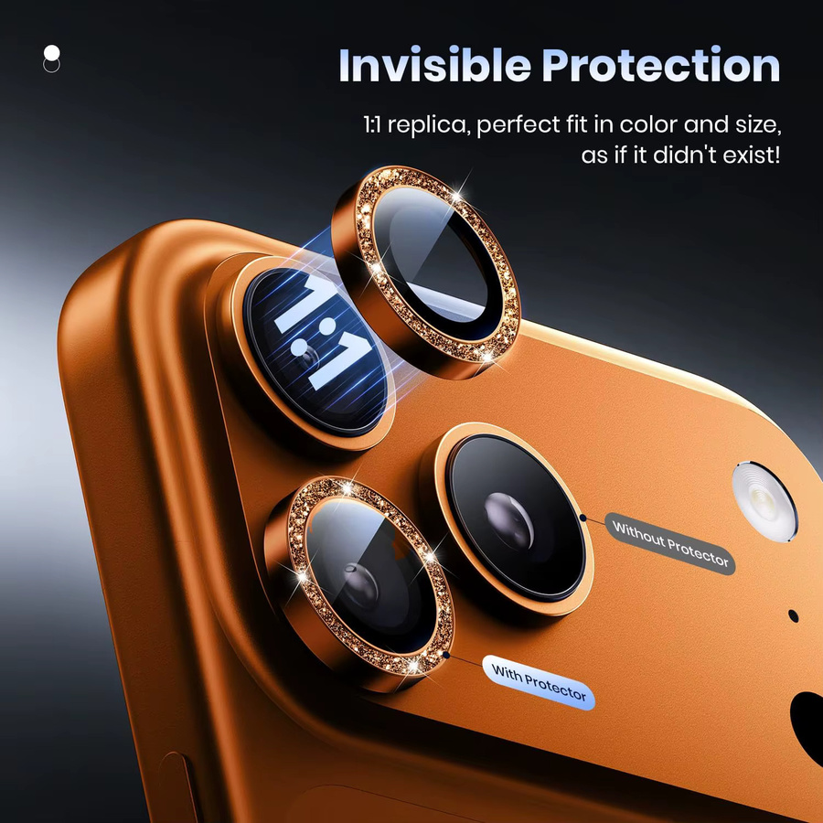 Kamera Objektiv Schutz Glas mit Gold Glitzer Diamant und Metall Ring für Apple iPhone 17 Pro Max 16 Pro Max 15 Plus 14 13 12 in Gold und Orange - Bild 3