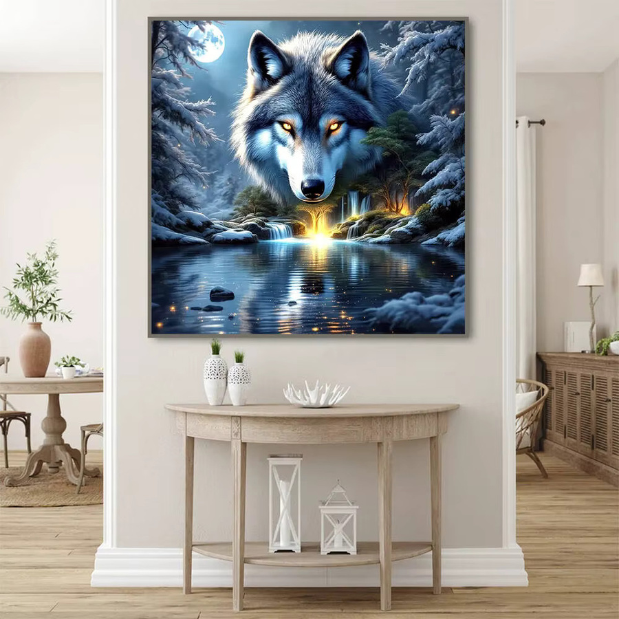 Huacan Diamant-Malerei Wolf in der Schnee-Landschaft als rundes Diamant-Mosaik zur Wanddekoration, Durchmesser: 30 cm - Bild 3
