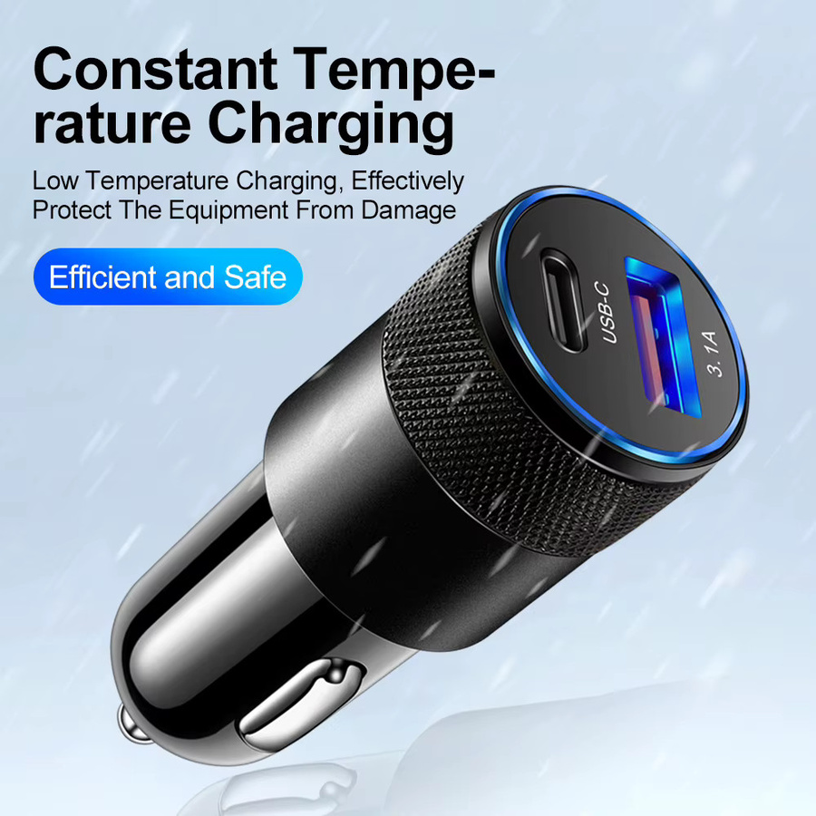 Schnelles USB Auto Ladegerät mit USB-C Anschluss und 3,1 A für iPhone, Samsung, Xiaomi und Huawei in Schwarz - Bild 2