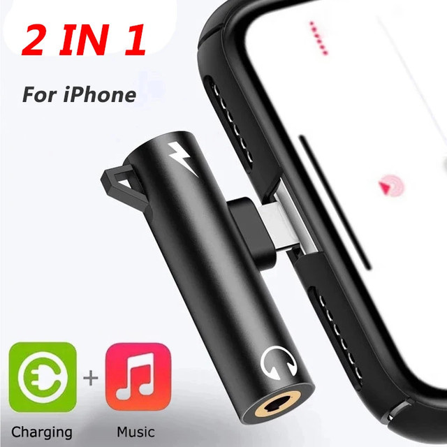 2-in-1 Lightning auf 3,5 mm Klinke Adapter für iPhone 14 13 12 11 X zum gleichzeitigen Laden und Musikhören in Schwarz - Bild 1