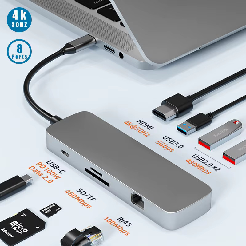 Basix 8in1 USB-C Dockingstation mit 4K HDMI und 100W PD Port für MacBook Pro Air und Laptop - Bild 2