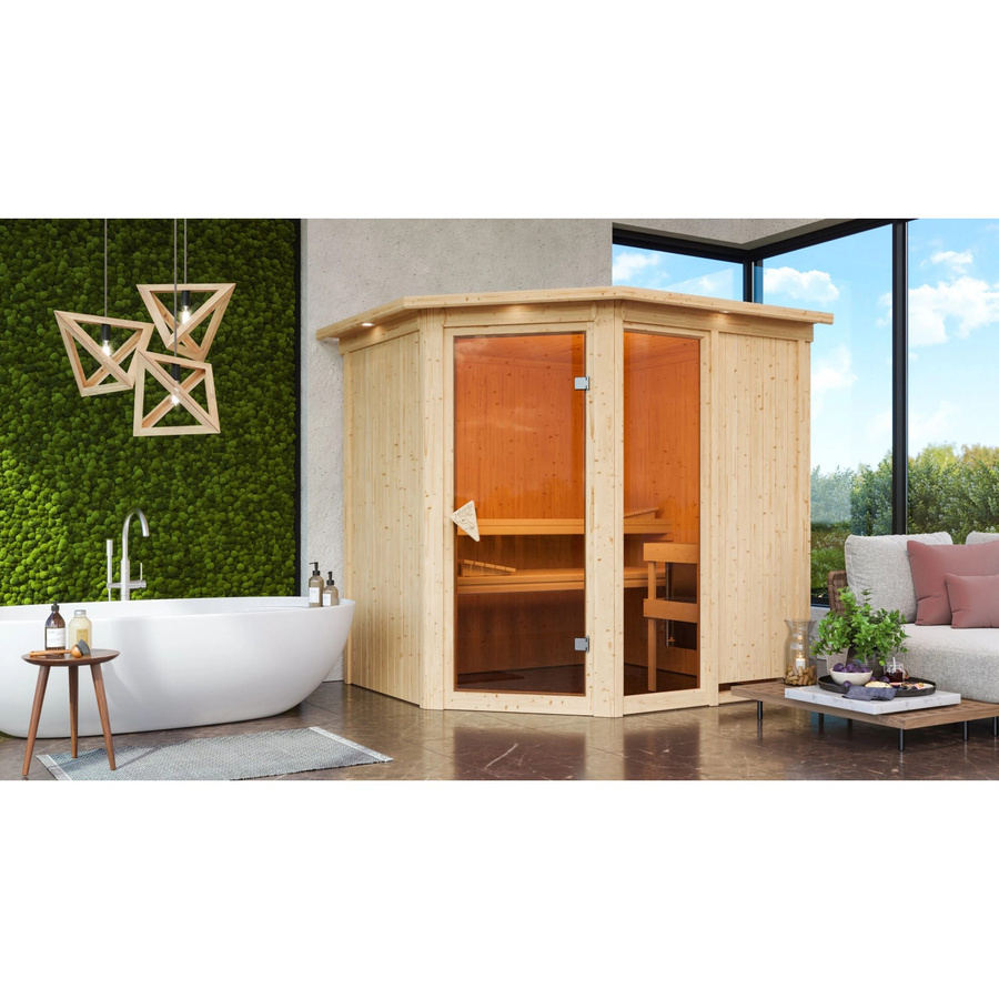 Karibu Sauna Freyja 2 aus Fichte mit 9.0 kW Ofen, integrierter Steuerung und LED-Dachkranz, Farbe: Natur/Braun/Weiß, B/T/H: 196 x 170 x 202 cm - Bild 3