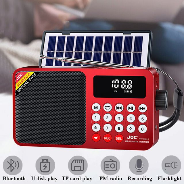 JINSERTA Tragbares Mini-Notfallradio in Rot mit LED-Anzeige, Solarpanel, Bluetooth-Lautsprecher und Recorder mit TF-Karte und USB-Anschluss - Bild 1