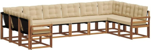 vidaXL Outdoor-Sofagarnitur aus Akazienholz in L-Form, 10-teiliges Set mit Textilene und Kissen, Farbe: Natur und Beige - Bild 1