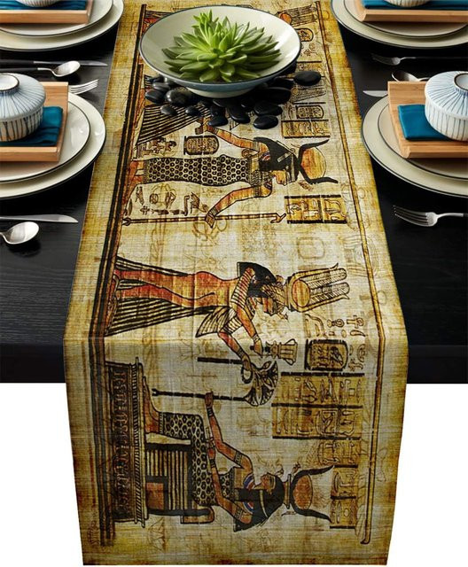 JINGYUE Pet Tischläufer aus Leinen mit ägyptischem Wandmalerei-Design in Beige, B/H: 150 x 33 cm - Bild 1
