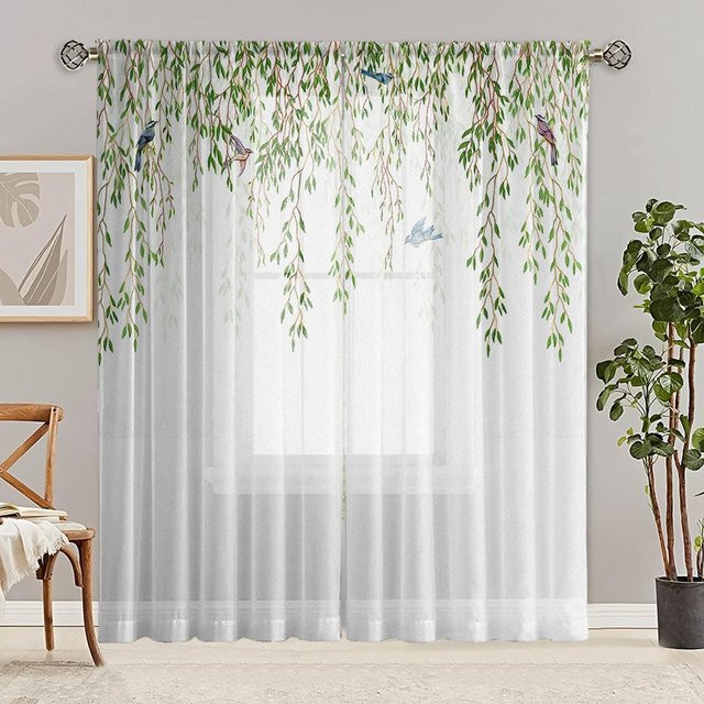 2er-Set halbtransparente Vorhänge mit Trauerweiden-Print in Grün und Multicolour für Wohnzimmer und Schlafzimmer, B: 132 cm, H: 160 cm - Bild 1