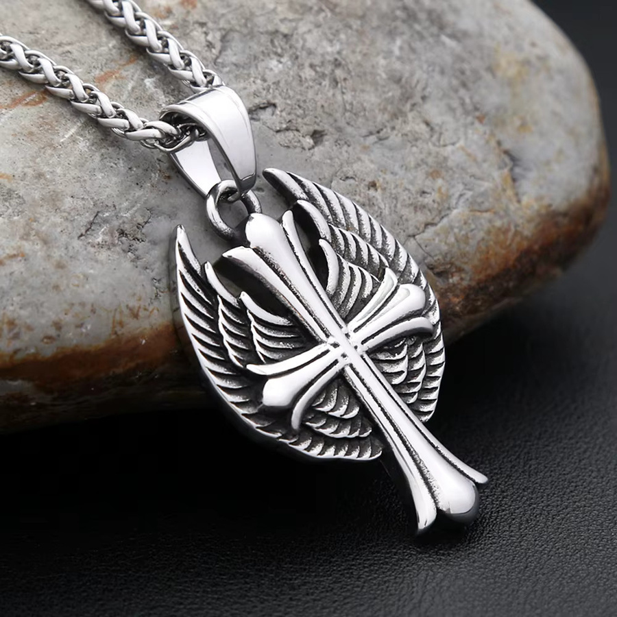 NORTHMAN Halskette, Kreuz mit Engelsflügeln, Edelstahl, Silber, Unisex - Bild 2