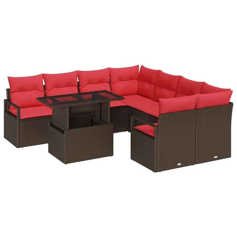 vidaXL Gartensofa-Set aus Poly-Rattan in Braun und Rot mit 9 Teilen, L-Form mit integriertem Kissen-Speicher und Couchtisch - Bild 2