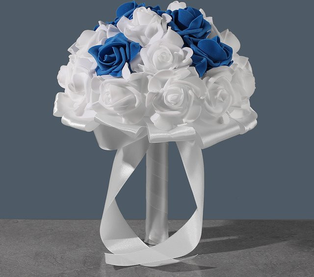 Eleganter Brautstrauß TRUE LOVE GIFT in Weiß und Lila, runder floraler Hochzeitsstrauß aus Textil - Bild 1