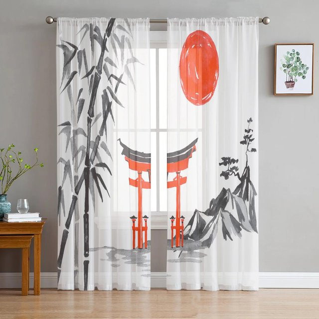 Yiran Furniture Transparentes Voile-Fenstervorhang mit Landschafts-Tuschemalerei in Weiß, B: 135 cm, H: 115 cm - Bild 1