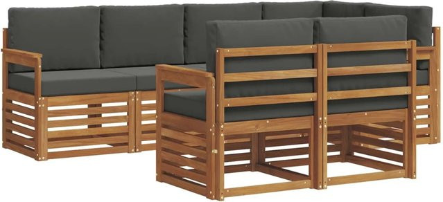 vidaXL Sofagarnitur aus Massivholz Akazie in Natur und Anthrazit, 7-teiliges Set mit Ecksofa und Kissen im modernen Latten-Design - Bild 1