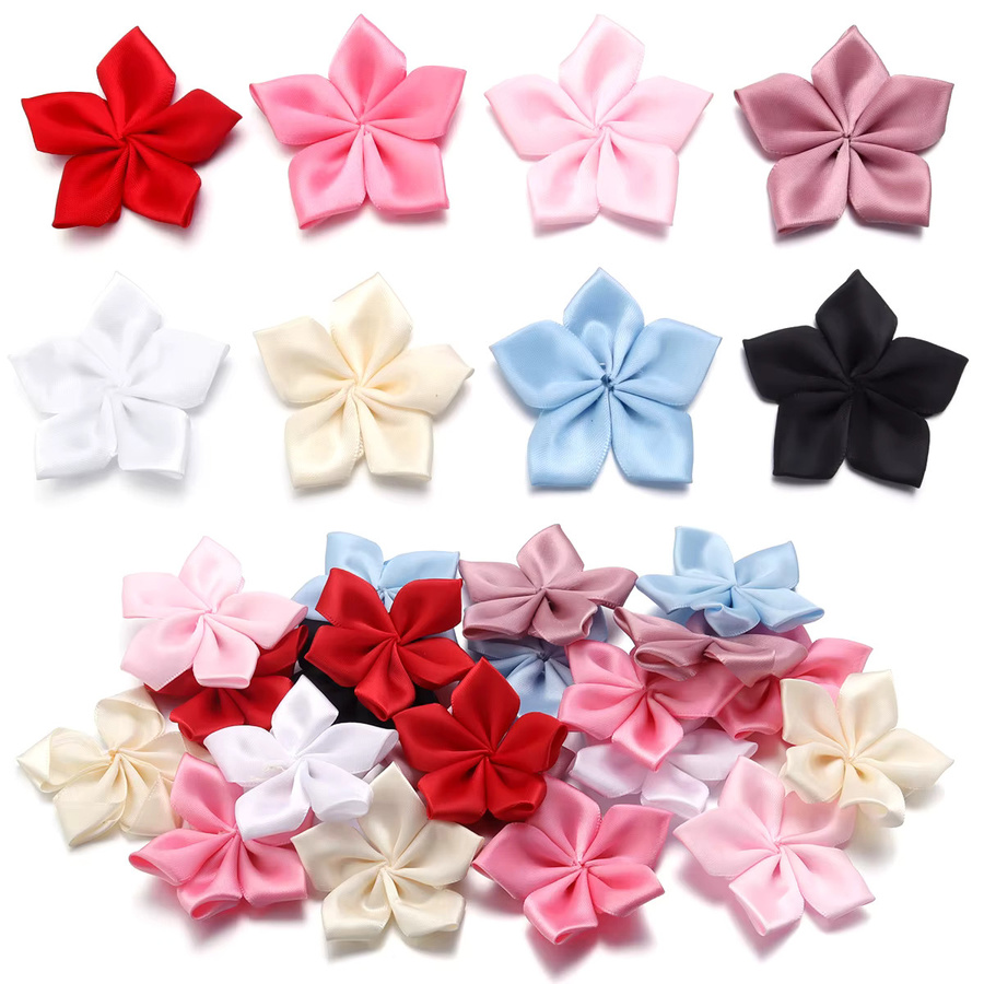 20 Stück handgefertigte Satinband-Blumen in Bunt und Schwarz, fünfblättrige Textilblumen mit 6 cm Durchmesser für DIY, Nähen und Scrapbooking - Bild 3