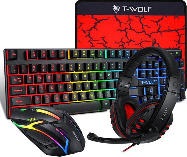 4-teiliges Gaming-Set mit ergonomischer Tastatur, 104 Tasten, 4-Farben-Beleuchtung, Maus, Headset und rutschfestem Mauspad in Schwarz - Bild 1