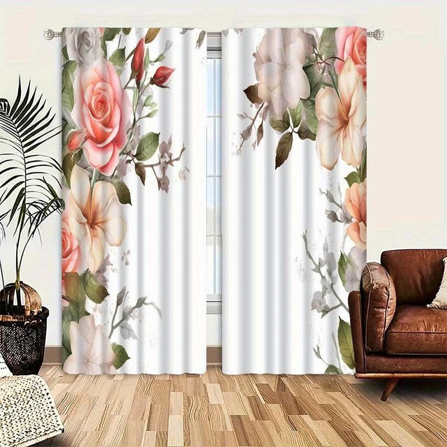 Dekorative Jacquard-Vorhänge mit Schmetterlings- und Blumendruck, 2 Paneele, halbtransparent, Polyester, Mehrfarbig, Breite: 100 cm, Höhe: 130 cm - Bild 1