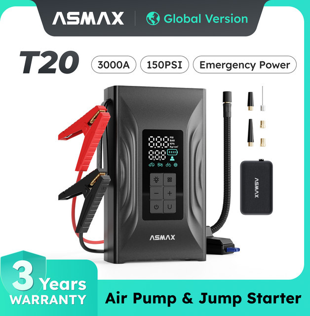ASMAX T20 3000A Tragbarer Auto-Starthilfe-Kompressor und Reifenfüller mit 150PSI, Notstromversorgung für 12V Autos, USB-C-Ladung, Schwarz - Bild 1